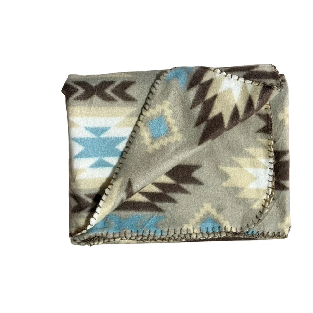 Southwestern Print Throw Blanket Tan Brown Blue Accent Quilt Cover Fleece